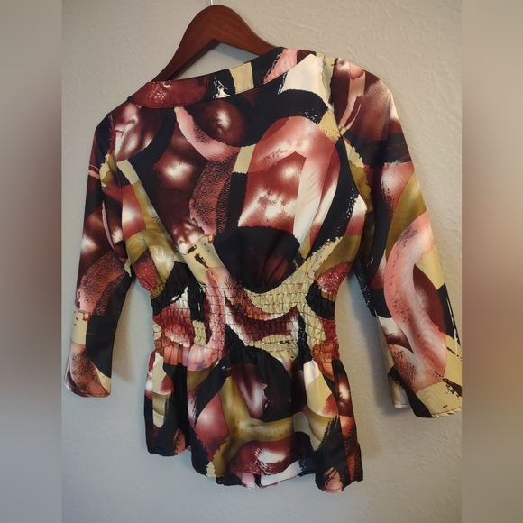 SERE NADE Abstract Print Peplum Blouse Black Cream Gold Dusty Pink - Picture 10 of 12